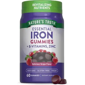 Iron Gummies with Zinc & B Vitamins, Vegan Non-GMO Gluten Free Supplement for Energy & Immune Support, Grape Flavor, 60 Count