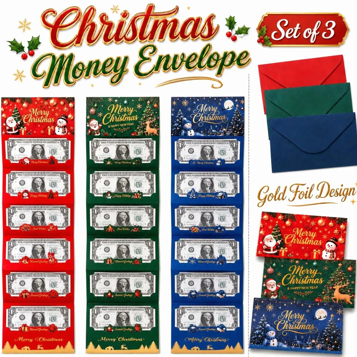 3Pcs High-Saturation Thick Paper Christmas Cash Holders, Creative Folding Slot Money Envelopes with 6 Slots, Luxury DIY Holiday Gift Card Holders for Friends & Family