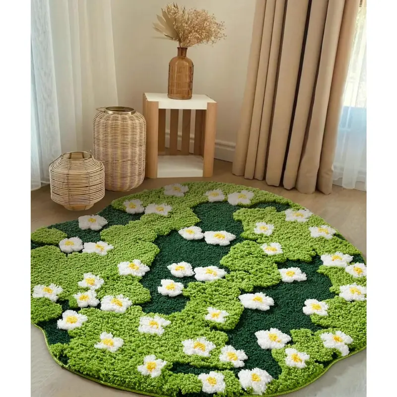 Cute Green Floral Large Bathroom Rugs Bath Mat 3ft Non Slip Washable, Modern Chic Boho Aesthetic Trendy Funky Microfiber Shaggy Tufted Moss Rugs for Bedroom Dorm  Bathroom Kitchen