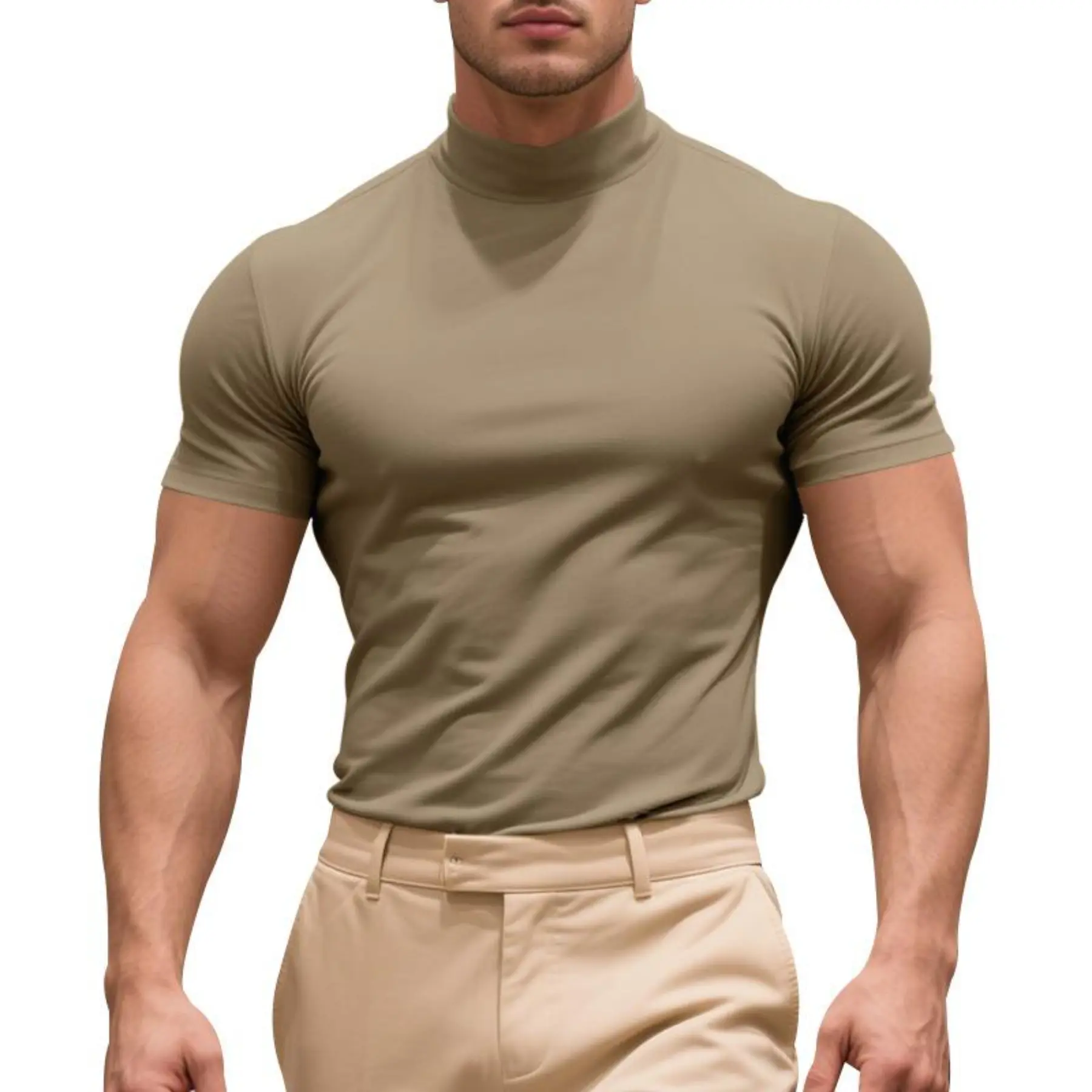 Men's Mock Neck T-Shirt, Slim Fit Short Sleeve, Solid Color Casual Tee for Daily Wear