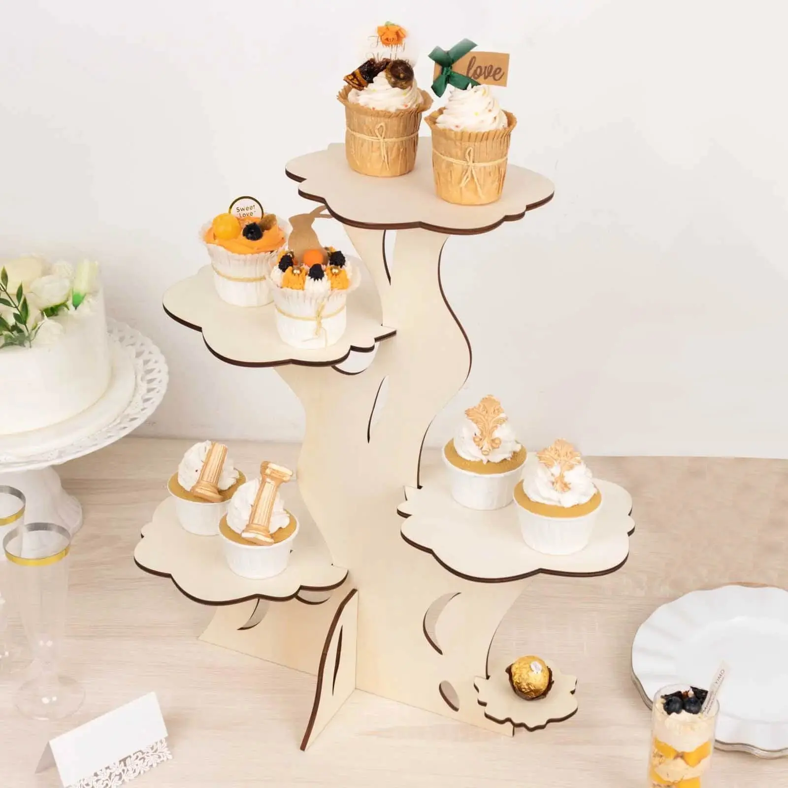 Rustic 5-Tier Wooden Cake Stand - Natural Tree Tower Design with Laser Cut Details, 19" Tall, for Outdoors, First Birthday, Anniversary, Graduation, All Seasons Cupcake Dessert Display Decor, Farmhouse, Rustic Look