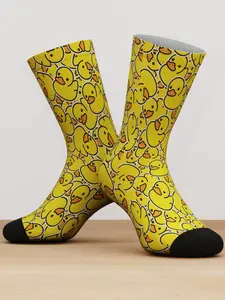 1 Pair Yellow Duck Bamboo Socks | Funny Cute Streetwear Mid-Calf | Unisex Couple Gift Casual Stylish Socks