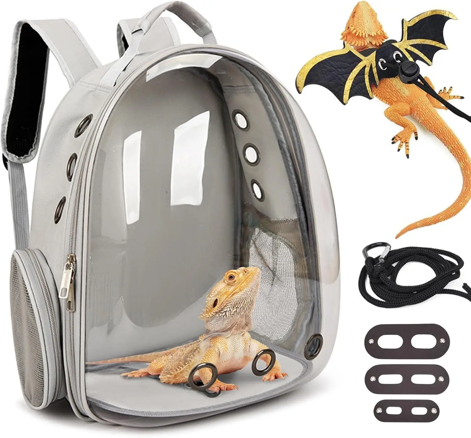 Bearded Dragon Carrier with Harness and Leash Set, Large Reptile Travel Carrier Portable Lizard Backpack Clear Small Animals Carrying Bag for Gecko Hamster Rabbit Hedgehog Kitten (Gray)