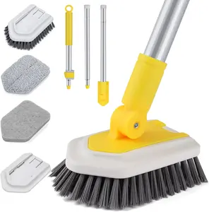 3-in-1 Shower Cleaning Brush with Locking Head, 50" Extendable Long Handle Tub & Tile Scrubber with Stiff Bristles, Scouring Pads & Microfiber for Bathroom Cleaning