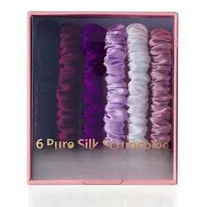6 count Set  Pure Mulberry Silk Hair Scrunchies - 6 Chic Colors Everyday Skinny Scrunchies Silk Ponytail Holders - No  (Purple)
