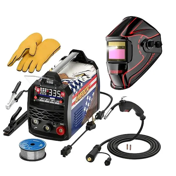 ANDELI 135A 3-in-1 Multiprocess Welding Machine - 110V/220V Dual Voltage Portable Gasless MIG Welder Inverter with Synergy, Lift Tig, Stick Welding, LED Display, Carrying Handle, Full Kit, Bonus Helmet, Gloves, Welding Machines