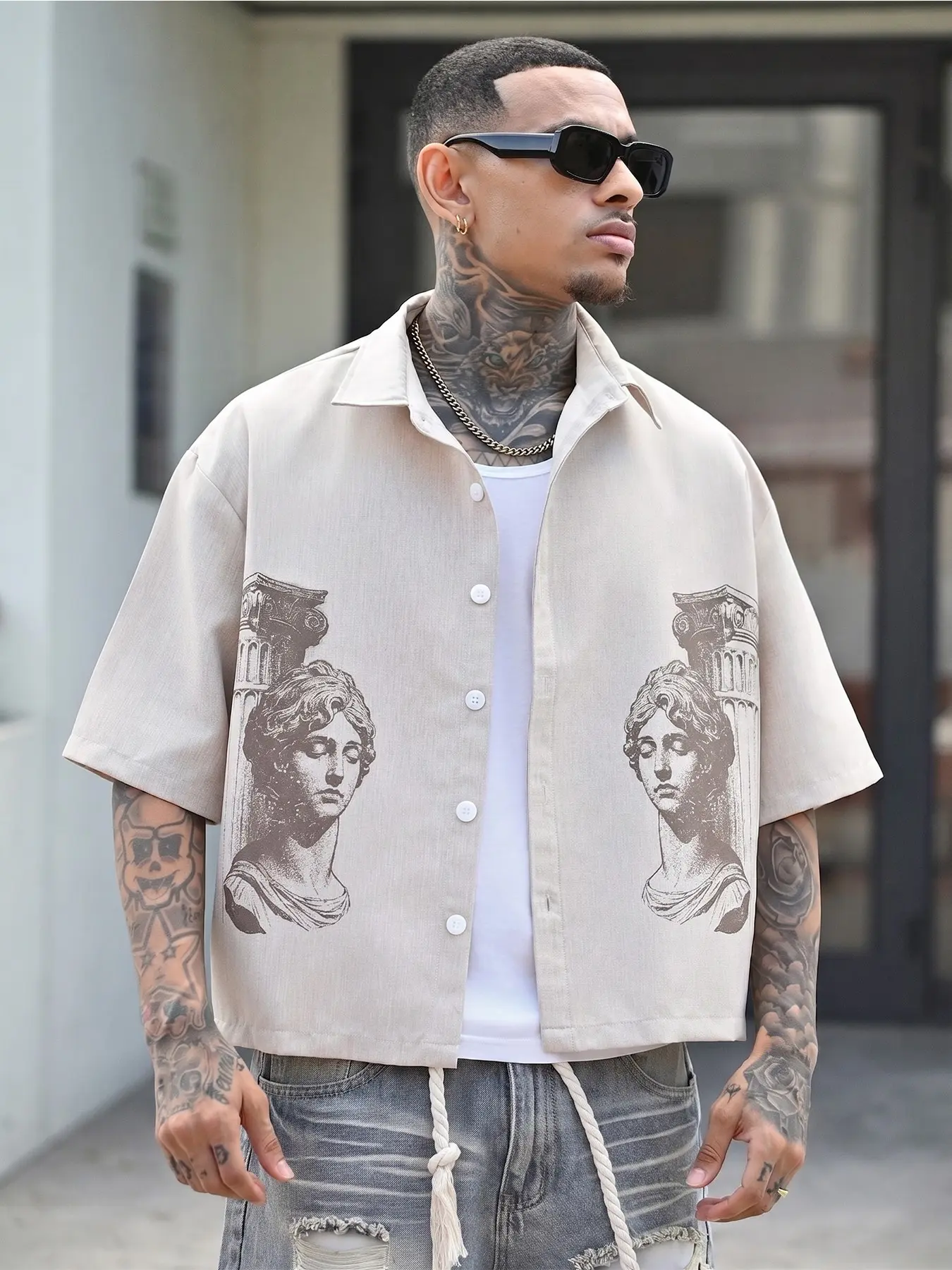 Men's Cream Casual Blouse, Unique Lake Flow Fashion, Roman Portrait Print, Simple Outdoor Striped Shirt, Comfortable, Graphic, Minimalist