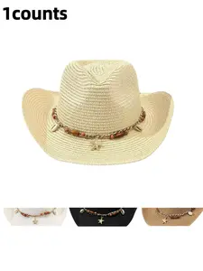 1pc Fashion Straw Hat For Men And Women, Outdoor Beach Sun Protection Hat, Spring/Summer English Style Cowboy Hat With Wide Brim, Sun-Shading Beach Hat With Starfish Decor, Collapsible Panama Hat, Outdoor Gift Suitable For Daily Use, Outdoor Headwear