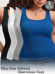4-Piece Spring/Autumn New Style Beautiful Back Ribbed Vest for Women, Slim Fit, Solid Color, Inner Layer/Outer Layer Base Vest