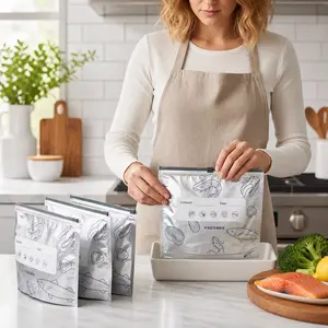 MeToMe | Reusable Thickened Upright Aluminum Foil Bags | Label & Zipper Lock | Kitchen Storage for Vegetables, Fruits & Meat
