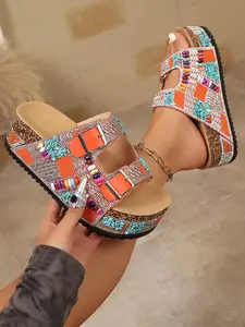 Women's Boho Style Colorful Rhinestone Decorated Sandals, PU Leather Thick Sole, Open Toe Flip Flops, Summer Beach Shoes