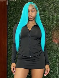Mint Blue 13x4 Lace Front Wigs Free Part Pre-Plucked Hairline Synthetic Wig Blue Valentine Look Straight Wig Valentine's Day Date Night Lace Front Wigs for Women Party Cosplay Valentine's Day Present Gift 28 Inch Straight Layered Wigs