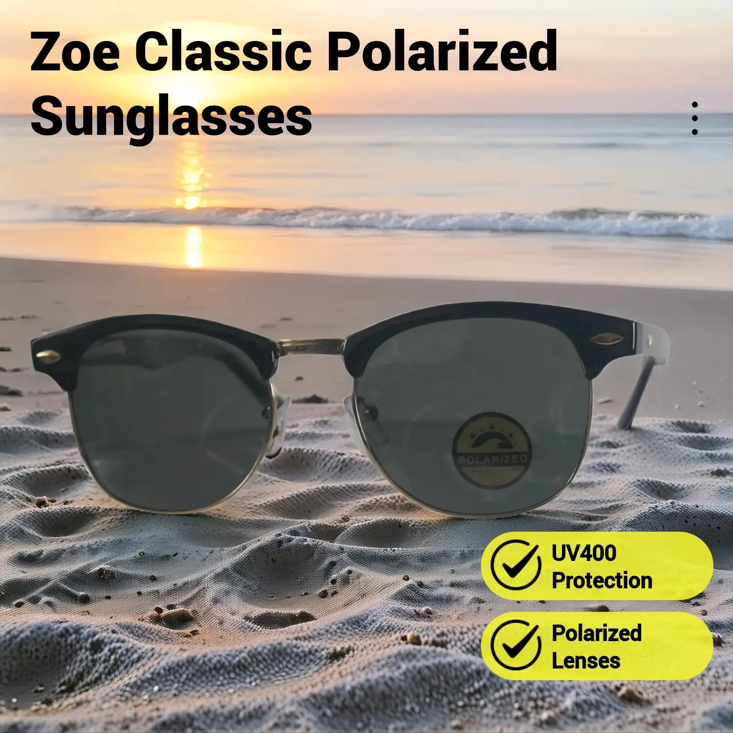 Zoe Classic Clubmaster Polarized Sunglasses - Black Acetate