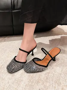 New Elegant Round Toe Rhinestone Mesh Stiletto Heel Sandals, Sexy Fashion Daily Commute Interview Work Korean Style High Heels