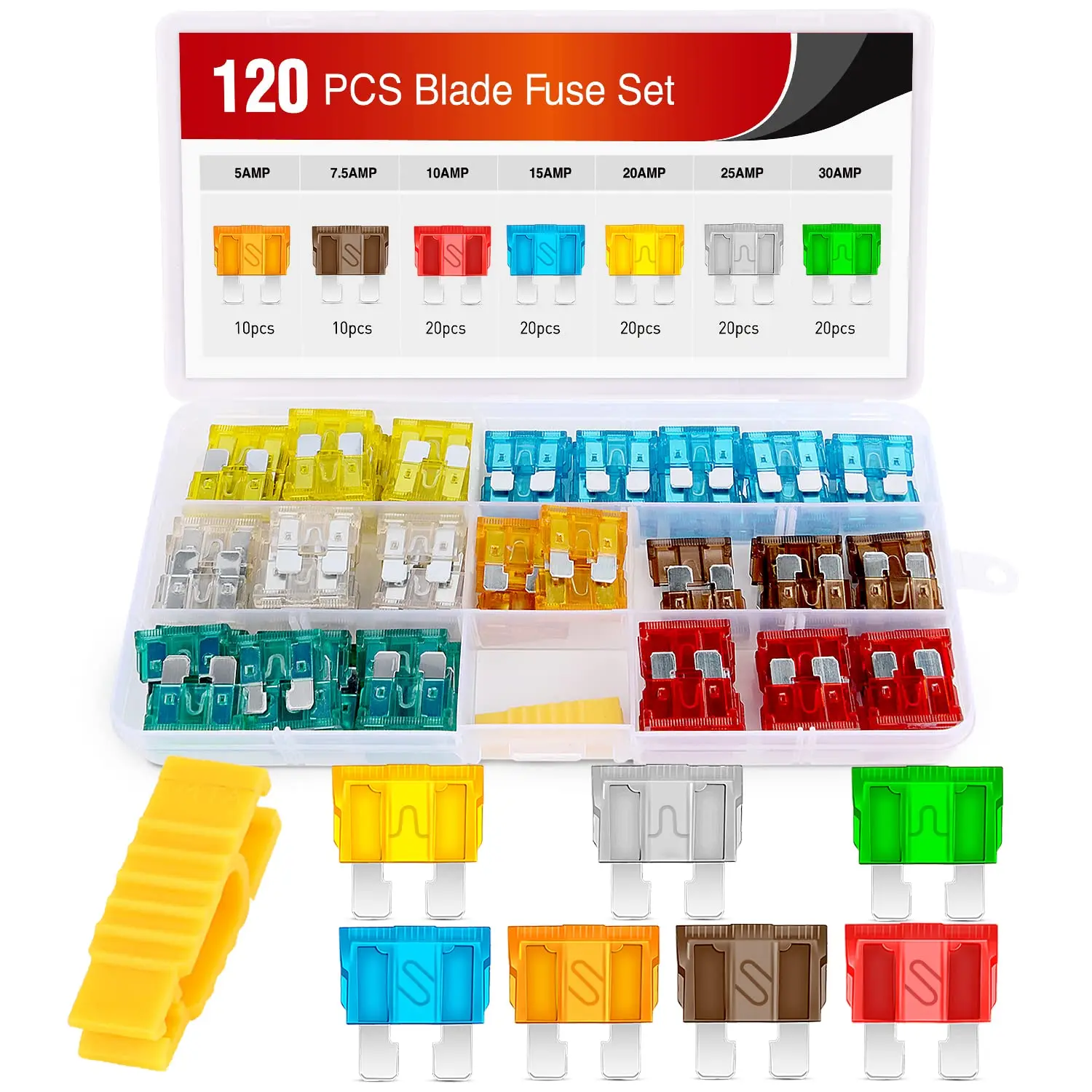 Nilight Color-Coded 120-Piece Standard Blade Fuse Assortment Kit - 5/7.5/10/15/20/25/30A APR/ATO (Open)/ATC Types, Fuse Puller, Organized Box, Overload-Safe PES Plastic, Camper RV Short Circuit Protection, 2-Year Warranty
