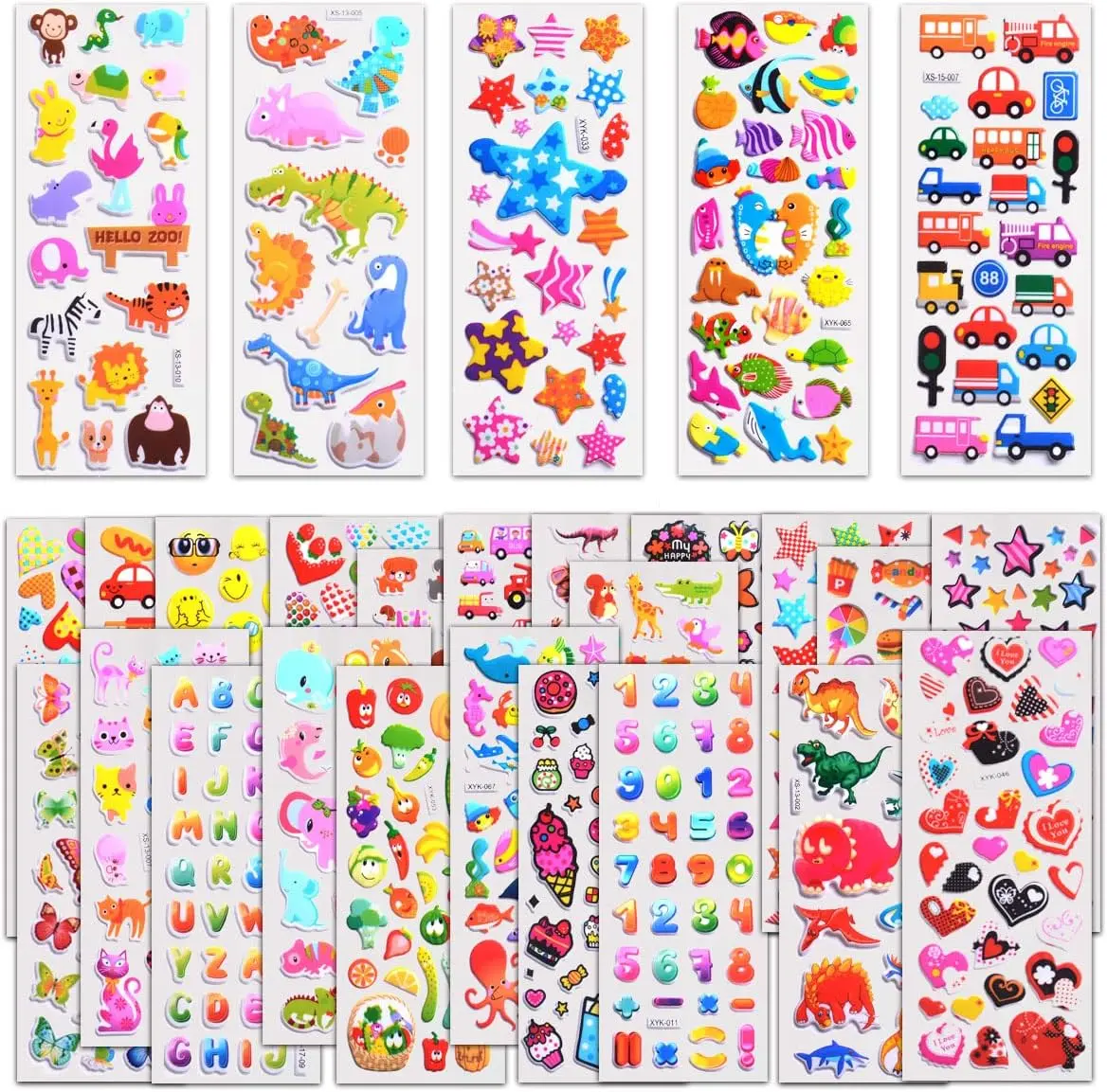 Unisex 3D Puffy Stick-On Set - 1000+ Stickers, 40 Sheets Bulk Pack with Animal Icons, Dinosaurs, Cars, Stars, Fishes, Letters Stickers for Creativity, Scrapbooking, Rewards