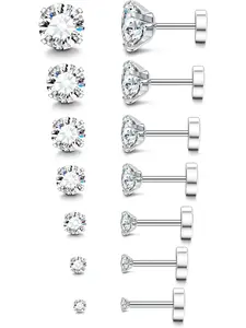 6-12 Pairs 20G Hypoallergenic Flat Back Earrings Stud Earrings Jewelry Female Male Silver 14K Gold Stainless Steel Earrings Brithstone Cubic Zirconia Earrings Surgical Steel Cartilage Earrings Sensitive Ears