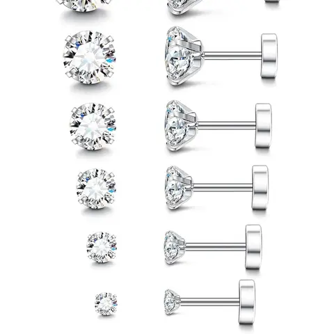 6-12 Pairs 20G Hypoallergenic Flat Back Earrings Studs Earrings Stud Earrings Jewelry Female Male Silver 14K Gold Stainless Steel Earrings Brithstone Cubic Zirconia Earrings Surgical Steel Cartilage Earrings Sensitive Ears Earrings Set