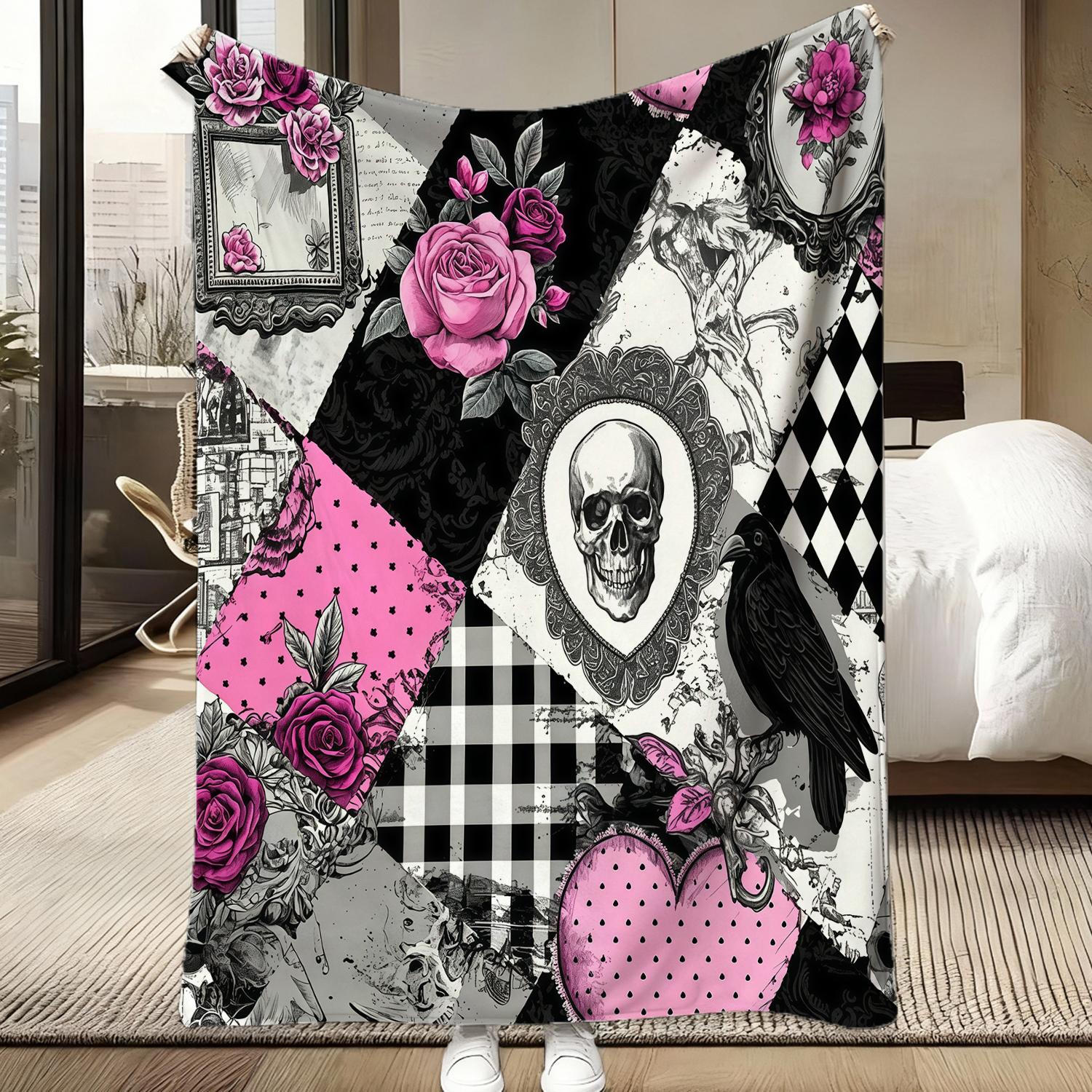 Pink Black Gothic Patchwork Print Flannel Throw Blanket - Harlequin, Gingham, Polka Dot Grids, Soft Fleece, Vintage Punk Skull Art, Raven, Hot Pink Roses, Cozy Lounging, Home House Room Decor, Ideal Gift for Alt Pastel Goth Lovers