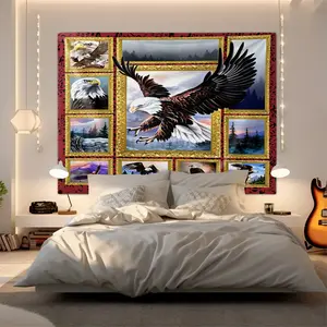 Bald Eagle in Flight Digital Print Tapestry, Stunning Wall Hanging Tapestry for Nature Lovers, Ornate Eagle Artwork with Gothic Borders, Ideal Bedroom and Living Room Decor, Unique Home Wall Tapestry for Wildlife Enthusiasts