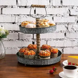 2 Tier Cupcake Stand, Rustic Galvanized Silver Metal Pastry, Dessert and Appetizer Serving Display Stand with Carved Wooden Post and Top Handle