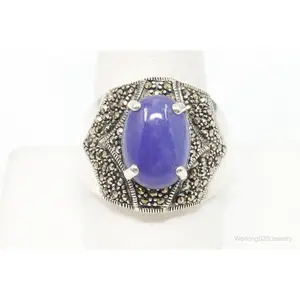 Vintage Purple Jade Marcasite Sterling Silver Ring Size 11