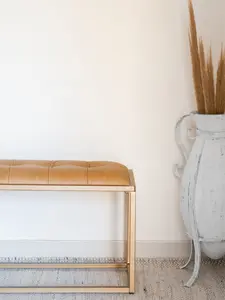 Mango Furniture Inc. Chadwick Bench Genuine Leather & Gold Metal Frame 42.5 x 13.5 x 19H 250 lb Weight Capacity Entryway Accent Piece