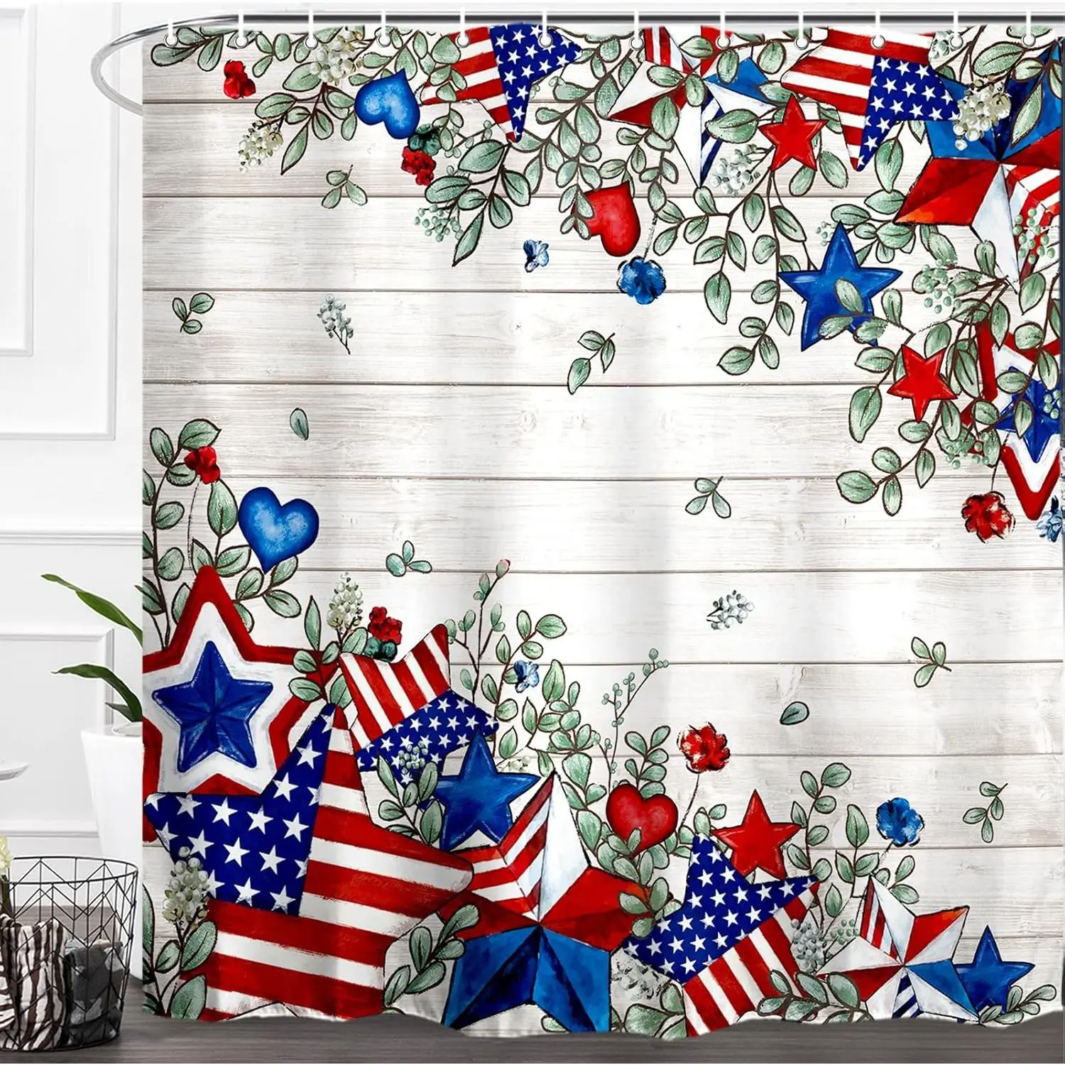 Patriotic 4th of July Shower Curtain Independence Day America Memorial Day Stars Shower Curtain Neutral Country Rustic Bathroom Bath Decor Waterproof with Hooks