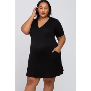 Black V-Neck Ruffle Hem Maternity Dress