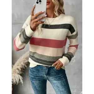 Spring Fall Women's Color Block Wide Striped Knit Sweater - Cream Patchwork Crew Neck Long Sleeve Top, Loose Casual Pullover for Office & Daily Wear