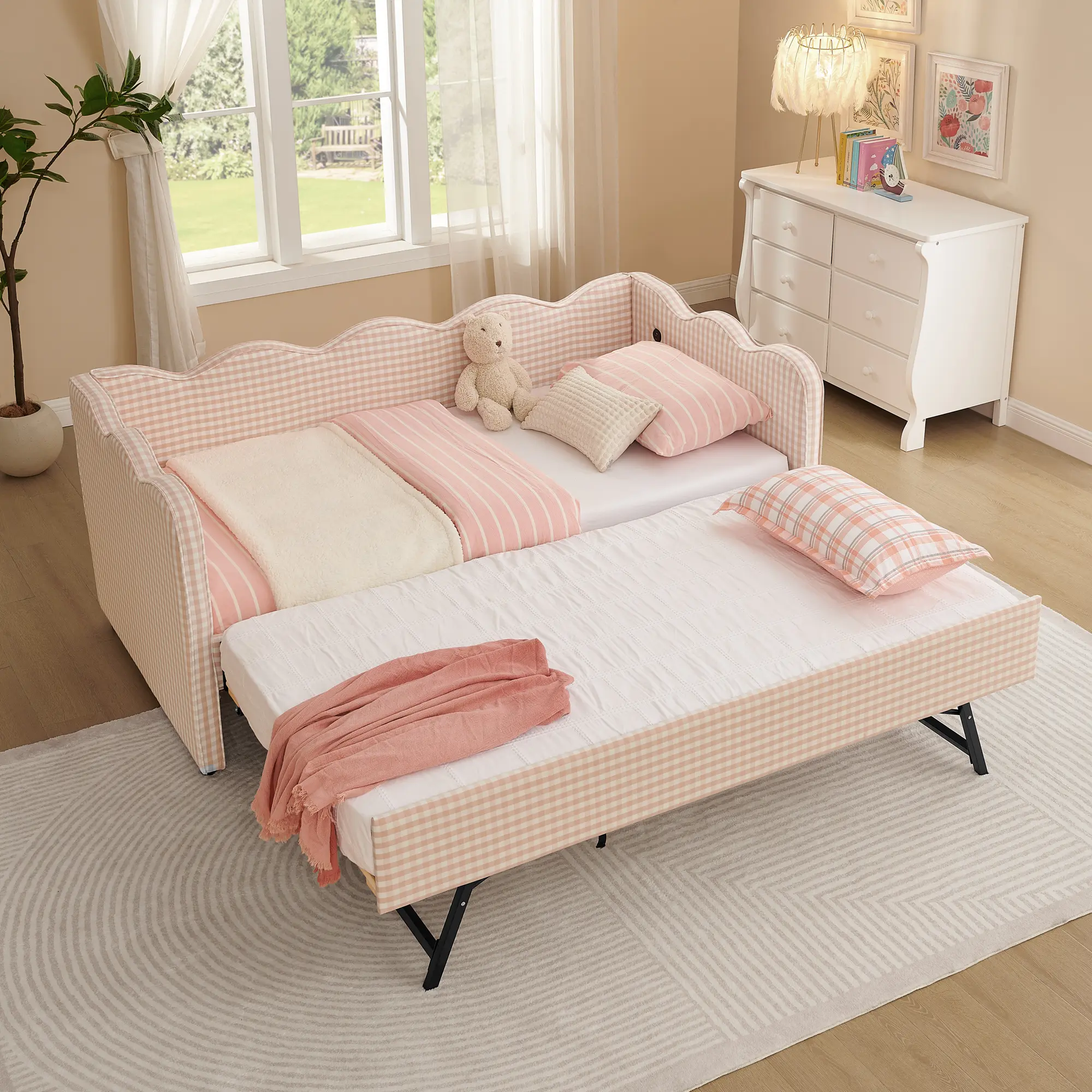 Twin Size Daybed with Trundle, Linen Upholstery in Pink Gingham, Wave-Shaped Backrest, Built-in USB Port, No Box Spring Required