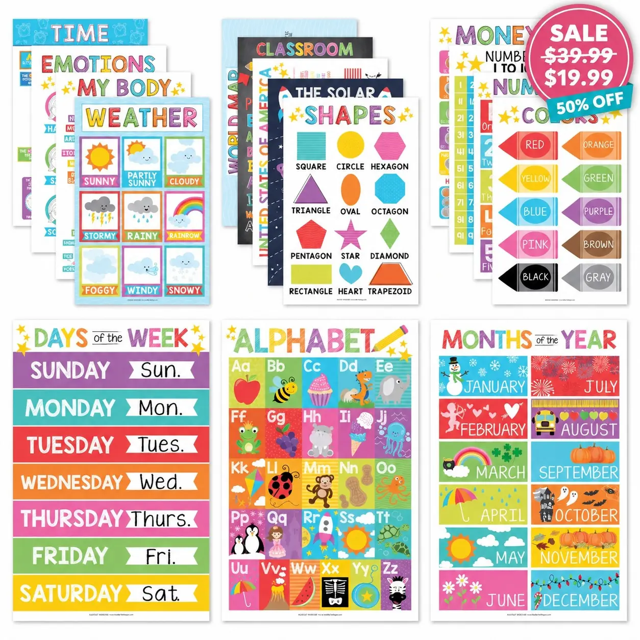 Hadley Designs 16-Piece Bright Laminated Educational Posters - 11x17 in Thick Cardstock Classroom Supplies, Durable Alphabet/Numbers/Shapes Charts for Preschool Learning Materials, Elementary School Bulletin Boards (Back to School Haul)