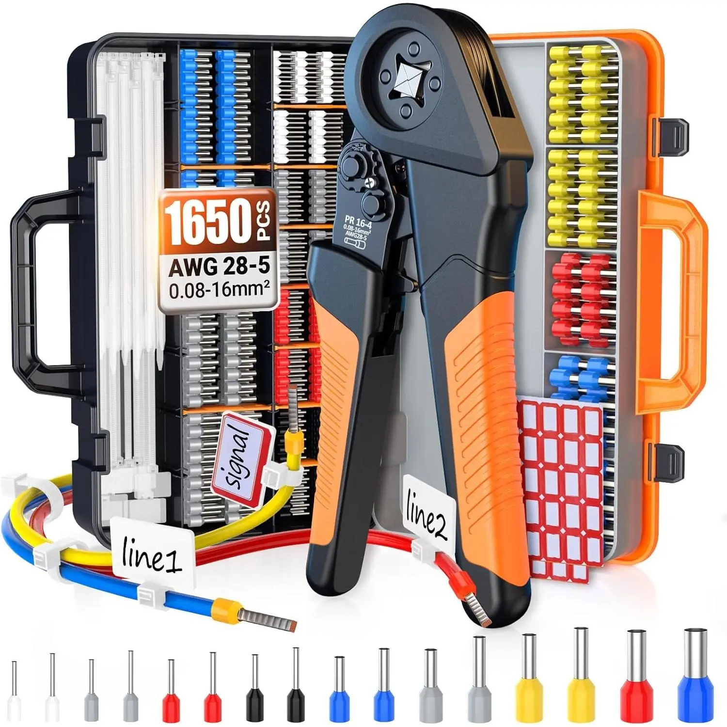 1650 count Ferrule  Tool Kit - 4 AWG 28-5 (0.08-16mm2) Ferrule , Self-Adjusting Ratchet Crimping Pliers | Wire Ferrules,  Ties & Labels, Storage Case for Electrical Work