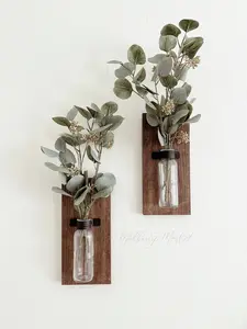 Rustic Wood Farmhouse Sconces, Wood Wall Sconces, Farmhouse Wall Decor, Propagation Wall Hanging, Glass Wall Vase Set of 2, Boho Wall Sconce