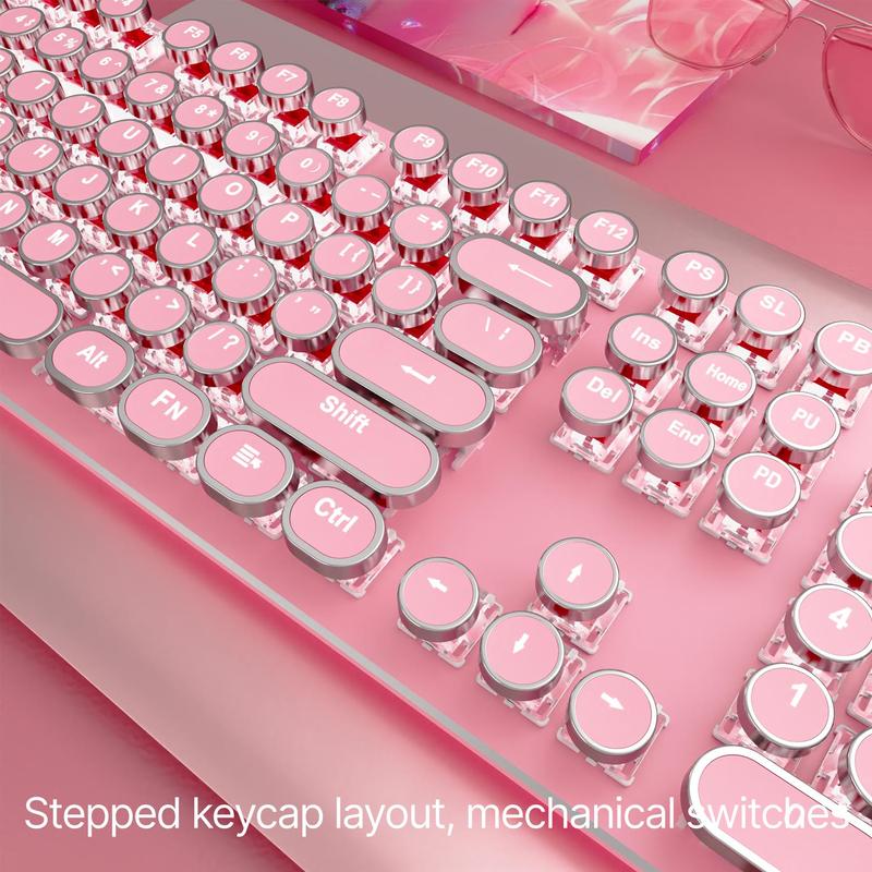 EWEADN Punk Typewriter Mechanical Gaming Keyboard, All-metallic Panel 104 Keys Full-size Numeric Keypad, White Backlit USB Wired Keyboard for Game and Office, Lighted Mechanical Keyboard