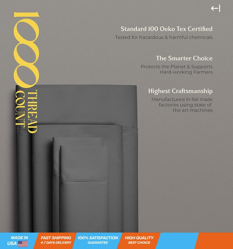 High Thread Count Best Bed Sheets 100% Egyptian Cotton Sheets Set Dark Grey Long-Staple Cotton Queen Sheet for Bed, Fits Mattress Upto 18'' Deep Pocket, Soft & Silky Sateen Weave Sheets