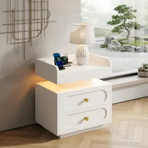 Modern Floating LED Nightstand With Charging Station 2 AC Outlets USB Ports 2 Storage Drawers Gold Handle Rounded Corner Design MDF Multi Color Accent Bedside End Side Table Easy Assembly For Bedroom Living Room Home Decor