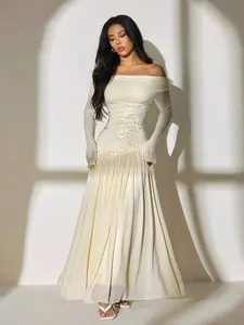 New Style One-Shoulder Long-Sleeved Contrasting Mesh Embroidery Asymmetrical Hem Splicing Super Long High Elastic Slim Dress Elegant And Romantic,Fall Wedding Guest Dress Ivory Off Shoulder Dress Ivory Formal Dress Off Shoulder Formal Gown Elegant Evening