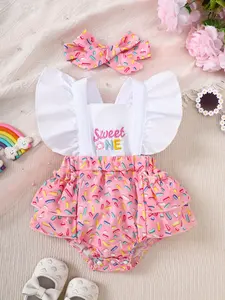 Two-Piece Baby Girl Cool Silk Cotton Casual Onesie Set, Spring Summer Cute Style Cartoon Letter Embroidery, Includes Hairband