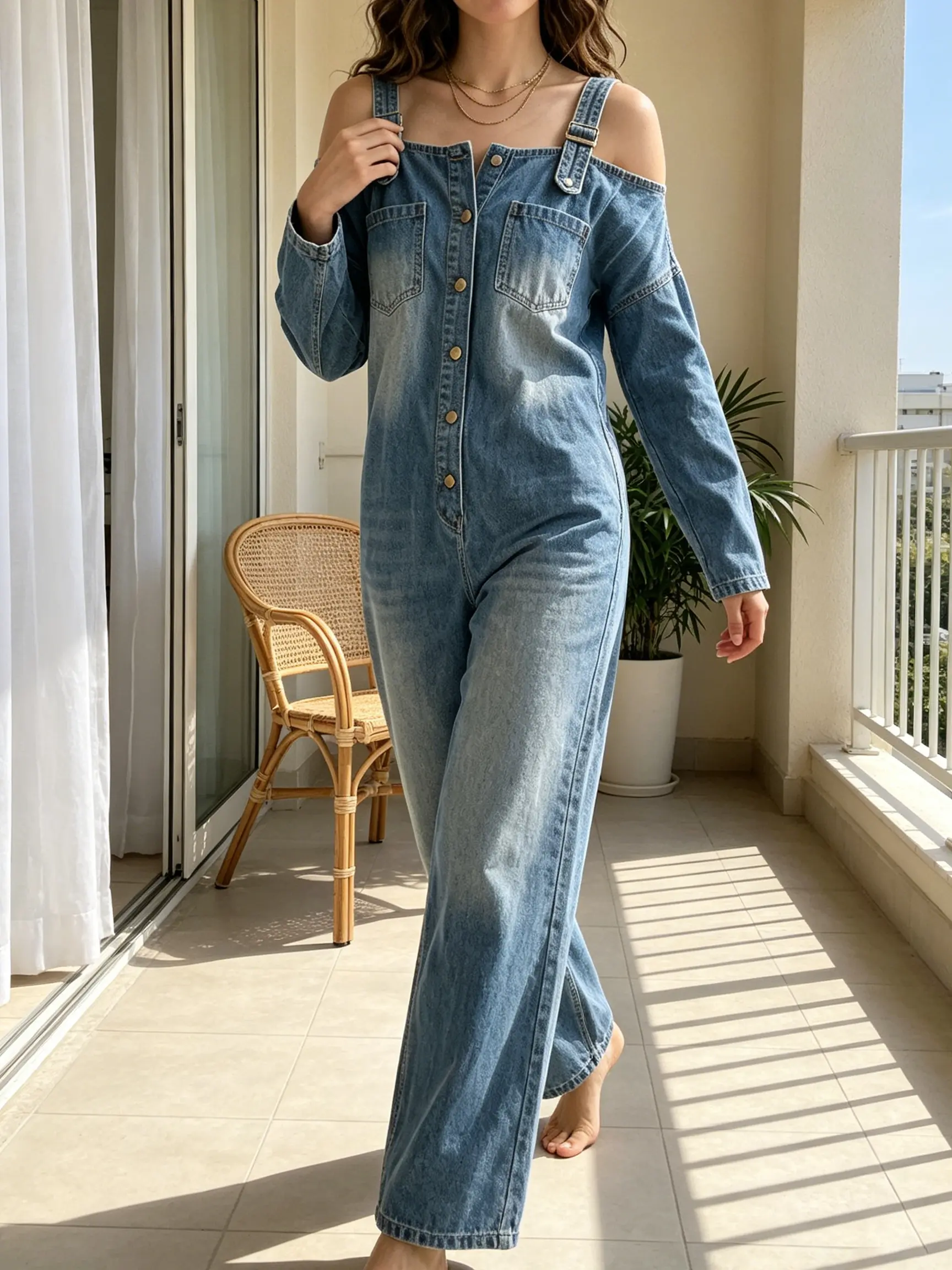 Women's Y2K Baggy Denim Overalls - Cold Shoulder, Suspender, Vintage Wash, Wide Leg, Long Sleeve Button-Up 1-Piece - 2026 Streetwear Aesthetic Festival & Casual Everyday Wear Utility Clothing