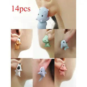 Fun & Adorable! 14PCS Animal Clay Earrings – Dino/Puppy/Whale | Gift Set for Daily Outfits
