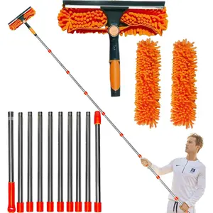 20+ Feet Reach 2 in 1 Window Washing Squeegee & Duster with 3-14 ft Spliceable Extension Pole // Window Cleaning Tool & Window Washer Squeegee for Home Indoor Outdoor Window Washing Long Handle Window Cleaning Kit Microfiber Spin Mop Head Set
