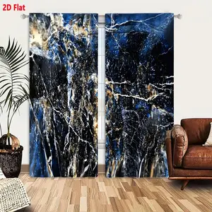 2D Flat 2-Pack Abstract Swirling Blue Black Curtains with Golden Brown and White Sparkles Pattern, Textured Cracked Web-like Design, Dynamic Turbulent Liquid Glass Effect Curtains for Living Room Bedroom