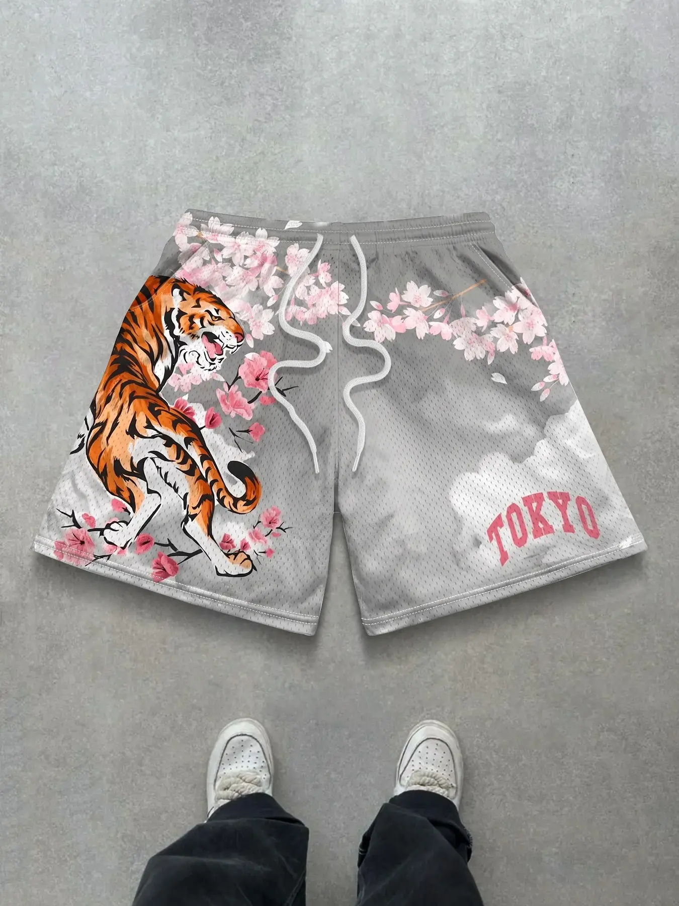Men's Fashion Breathable Dry Gray Sweat Shorts, Cherry Blossom Tiger Floral Pattern, Sporty Loose-Fitting, Suitable for Multiple Occasions