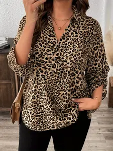 Women's Fashion Leopard Print Lapel Seven-Quarter Sleeve Loose Casual Shirt, Comfortable and Stylish, Perfect for Daily Wear