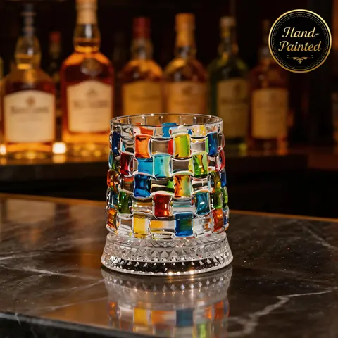 Hand-Painted 360° Spinning Whiskey Tumblers Set - European Premium Artisan Glassware, Minimalist Embossed Crystal Round Cup, Smooth-Rotating Bourbon Glass, Gemstone Bloom Patterns, Birthday Liquor Gift for Men, Home Bar (360° Spinning Base Included)