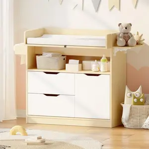 LInor Baby Changing Table Dresser with 3 Drawers and 1 Storage Shelves, Baby Changing Station with Light Wooden and White Finish Newborn Nursery