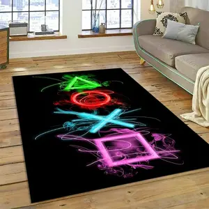 Neon PlayStation Controller Button Flannel Area Rug - Colorful Glow Print Soft Mat for Game Room & Living Room, Non-Slip Gamer Home Decor#NeonPSControllerRug #GamerGlowMat #GameRoomDecor #ColorfulSymbolCarpet #NonSlipFlannelRug