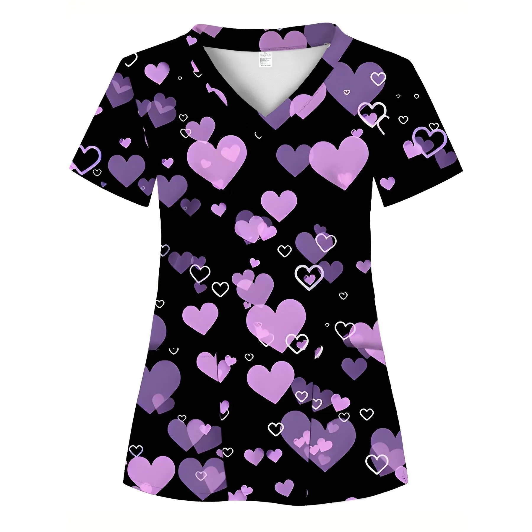 Full-body print, black base with purple heart pattern, suitable for Valentine's Day, Women's scrub top, two pockets, comfortable T-shirt for professionals - soft, breathable, practical uniform ideal for hospitals, dental clinics, beauty salons, and health