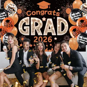 Black Orange Graduation Decorations Class Of 2026 Banner Set - Large Congrats Grad 2026 Graduation Backdrop Decor, Orange Graduate Grad Party Decorations